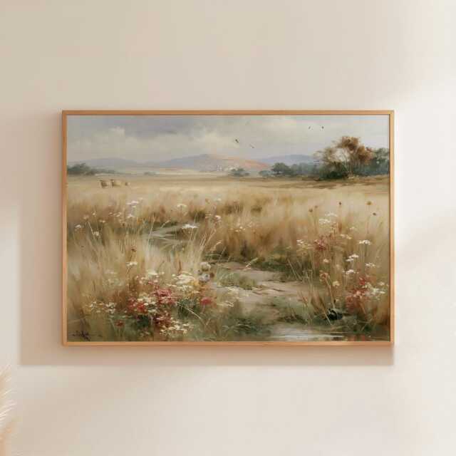 Wildflower Meadow Poster, Country Landscape Print, Paper Wall Art - image 1