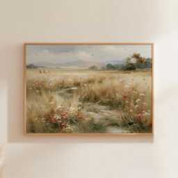 Wildflower Meadow Poster, Country Landscape Print, Paper Wall Art - thumbnail 1