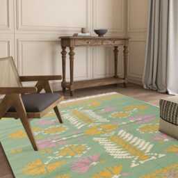 Handwoven Wool Rug - Sage Ochre Tree Of Life Flatweave - thumbnail 2