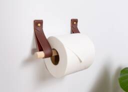 Leather Toilet Paper Holder Kit with Wooden Dowel Walnut Or Birch Minimal Loo Roll Holder Modern Strap Hook Sustainable Bathroom Storage Decor