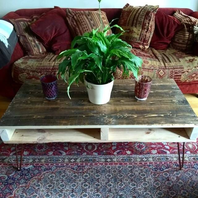 Rustic Coffee Table in Farmhouse Style, Unique Pallet With A Weathered Finish Industrial Copper Hairpin Legs - image 1