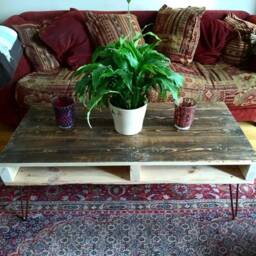 Rustic Coffee Table in Farmhouse Style, Unique Pallet With A Weathered Finish Industrial Copper Hairpin Legs - thumbnail 1