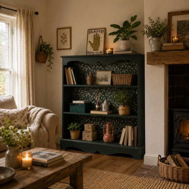 Rustic Pine Bookcase/Bookshelf Painted Dark Green & White Floral - image 1