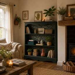 Rustic Pine Bookcase/Bookshelf Painted Dark Green & White Floral