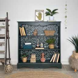 Rustic Pine Bookcase/Bookshelf Painted Dark Green & White Floral - thumbnail 2