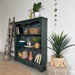 Rustic Pine Bookcase/Bookshelf Painted Dark Green & White Floral - thumbnail 3