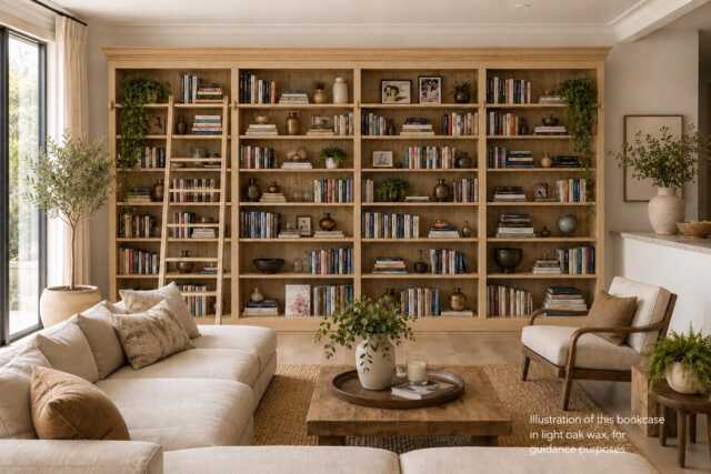 Solid Pine 8Ft Tall Bookcase, 14Ft Wide Library Shelving Unit With Ladder - image 1