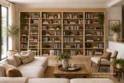 Solid Pine 8Ft Tall Bookcase, 14Ft Wide Library Shelving Unit With Ladder