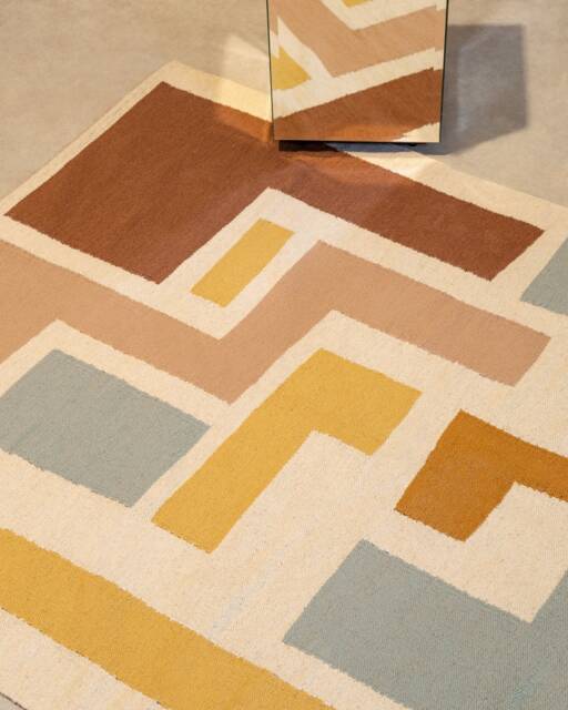 Colorful Abstract Flatwoven Wool Kilim Carpet Rug Yellow Beige Mint Green Pink Living Bedroom 5x8 8x10 Southwestern Area Low Pile Tetris - image 1