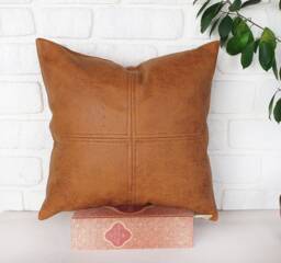 Camel Faux Leather Pillow Covers Modern Square Design, Set Of 2