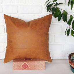 Camel Faux Leather Pillow Covers Modern Square Design, Set Of 2 - thumbnail 4