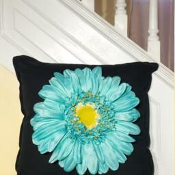 Flower Pillow Orange Dahlia, Teal, White Daisy, Flowers On Jet Black D??cor Pillow - thumbnail 2