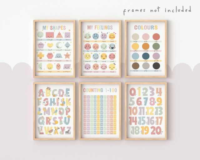 Set Of 6 Educational Prints in Pastel, Feelings Chart, Shapes Print, Counting To 100, Alphabet & Numbers, Playroom Classroom Decor - image 1
