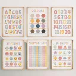Set Of 6 Educational Prints in Pastel, Feelings Chart, Shapes Print, Counting To 100, Alphabet & Numbers, Playroom Classroom Decor - thumbnail 2