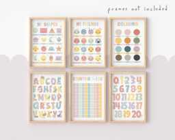 Set Of 6 Educational Prints in Pastel, Feelings Chart, Shapes Print, Counting To 100, Alphabet & Numbers, Playroom Classroom Decor - thumbnail 1