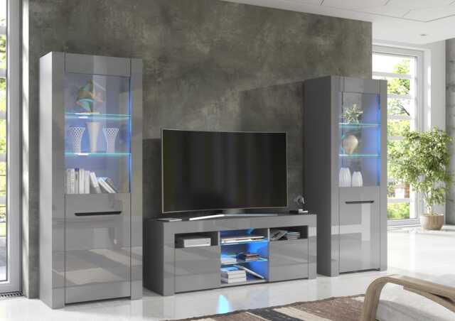 Furneo High Gloss & Matt Grey Living Room Set Tv Stand Display Cabinets Milanog Led Lights - image 1