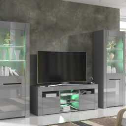 Furneo High Gloss & Matt Grey Living Room Set Tv Stand Display Cabinets Milanog Led Lights - thumbnail 2