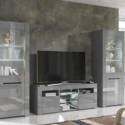 Furneo High Gloss & Matt Grey Living Room Set Tv Stand Display Cabinets Milanog Led Lights - thumbnail 3