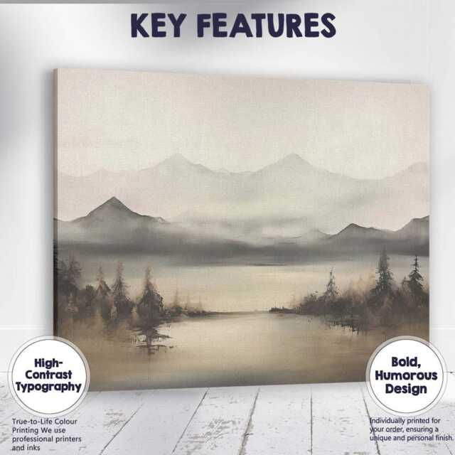 Misty Mountain Lake Panorama Neutral Scenic Landscape Canvas Wall Art Print Decor Picture Ready To Hang - image 1