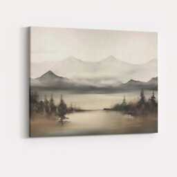 Misty Mountain Lake Panorama Neutral Scenic Landscape Canvas Wall Art Print Decor Picture Ready To Hang - thumbnail 4