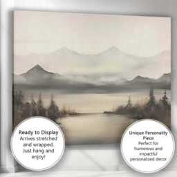 Misty Mountain Lake Panorama Neutral Scenic Landscape Canvas Wall Art Print Decor Picture Ready To Hang - thumbnail 3