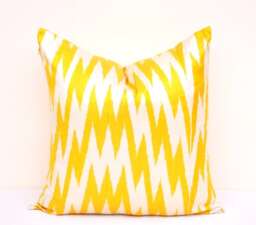 Yellow Chevron Ikat Pillow Cover, Silk Cotton Cushion - 20x20 In - thumbnail 1