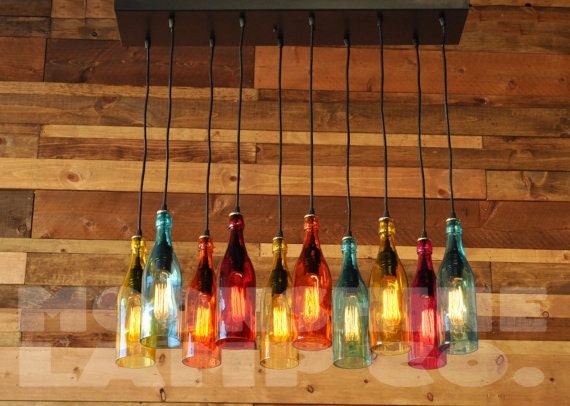 The Mardi Gras - 10-Light Modern Recycled Bottle Chandelier With Colored Glass Bottles & Steel Canopy Customizable Finish - image 1