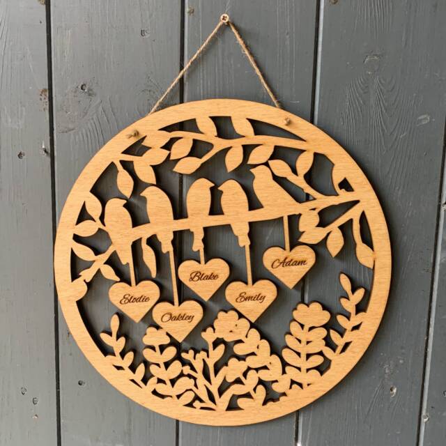Personalised Wooden Family Wall Art - Tree Birds On A Branch Mother's Father's Day Gifts - image 1