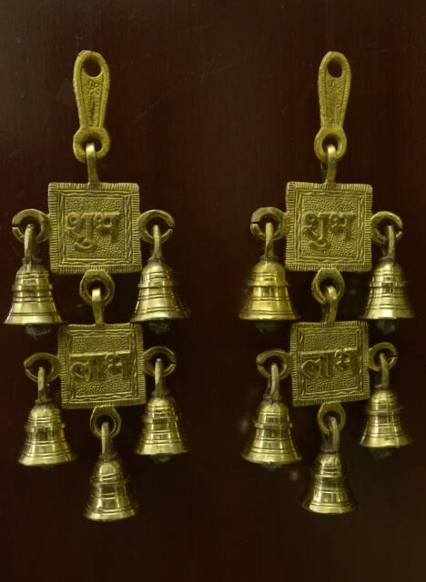 Brass Wall Hanging - Shubh Labh With Hanging-Bell - Doo Ringing-Bell Set - image 1