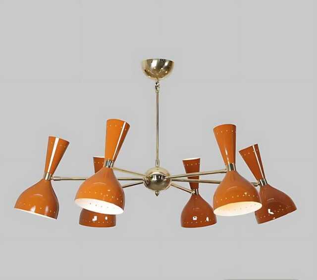 Vintage Sputnik Chandelier, Mid-Century Modern Lighting, Orange Brass 8-Light Fixture - image 1