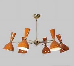 Vintage Sputnik Chandelier, Mid-Century Modern Lighting, Orange Brass 8-Light Fixture - thumbnail 1