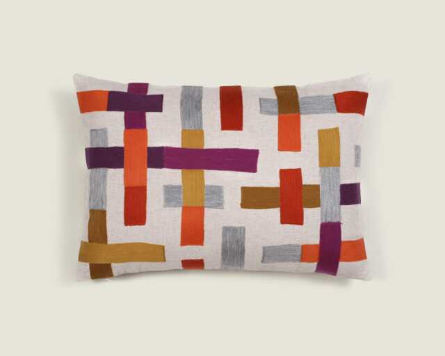 Modern Geometric Embroidered Linen Cushion Cover With Silver Metallic Accents - Autumn Boho Home D??cor, Artisan Handcrafted-15x22 - image 1