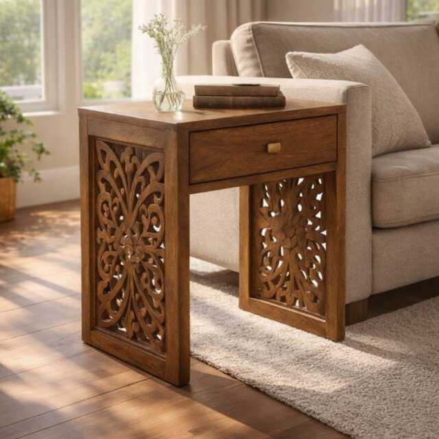 Hand Carved Mango Wood Bedside Table With Drawer, Boho Nightstand, Rustic Walnut Finish - image 1