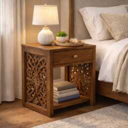 Hand Carved Mango Wood Bedside Table With Drawer, Boho Nightstand, Rustic Walnut Finish - thumbnail 3