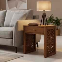 Hand Carved Mango Wood Bedside Table With Drawer, Boho Nightstand, Rustic Walnut Finish - thumbnail 2