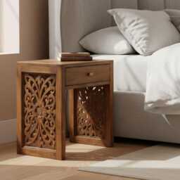 Hand Carved Mango Wood Bedside Table With Drawer, Boho Nightstand, Rustic Walnut Finish - thumbnail 4