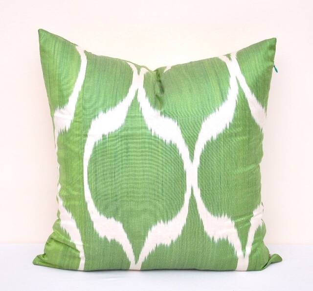Green Ikat Pillow Cover, Silk Cotton Cushion, 20x20, Handmade - image 1