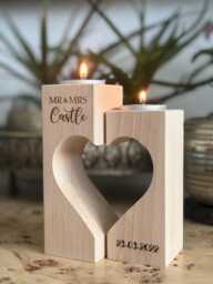 Pair Of Custom Personalised Beech Wood Candle/Tea Light Holders For Wedding Couple - thumbnail 1