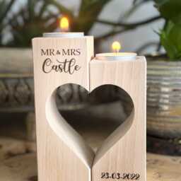 Pair Of Custom Personalised Beech Wood Candle/Tea Light Holders For Wedding Couple - thumbnail 3