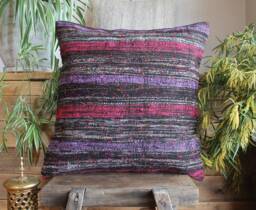 Vintage Kilim Cushion Cover - Handwoven Wool Throw Pillow, Purple Fuchsia Stripes