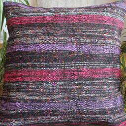Vintage Kilim Cushion Cover - Handwoven Wool Throw Pillow, Purple Fuchsia Stripes - thumbnail 2