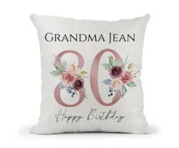 Personalised 80Th Special Birthday Cushion Pink & Blue Floral Mum, Nan, Friend, Sister Gift - thumbnail 1