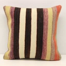 striped Kilim Pillow Cover 16x16, Vintage Turkish Wool Boho Cushion - thumbnail 2