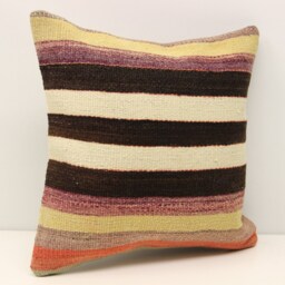 striped Kilim Pillow Cover 16x16, Vintage Turkish Wool Boho Cushion - thumbnail 3