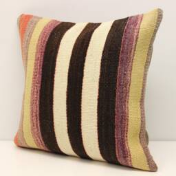 striped Kilim Pillow Cover 16x16, Vintage Turkish Wool Boho Cushion - thumbnail 1
