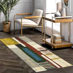 Handmade Cotton Kilim Rug Brown Beige Block Print Runner - thumbnail 2