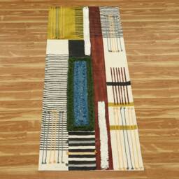 Handmade Cotton Kilim Rug Brown Beige Block Print Runner - thumbnail 3