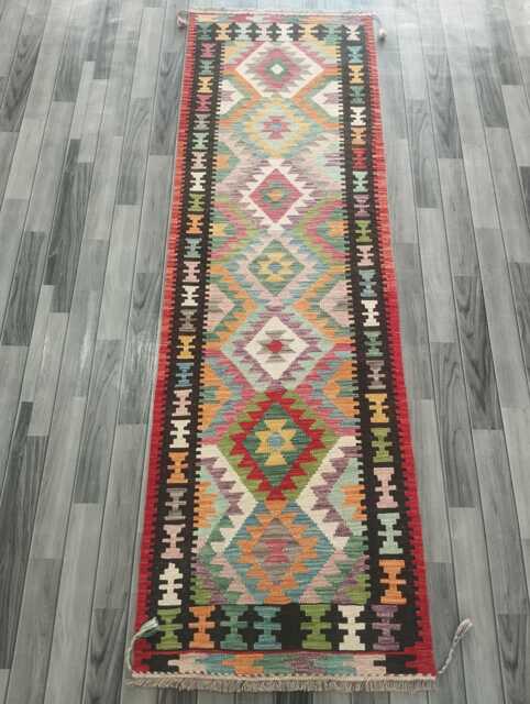 Multicolour Wool Runner, Handmade Artisan Afghan Turkish Persian Qashqai Moroccan Navajo Flatweave, Natural Kilim Rug 254x78 cm - image 1