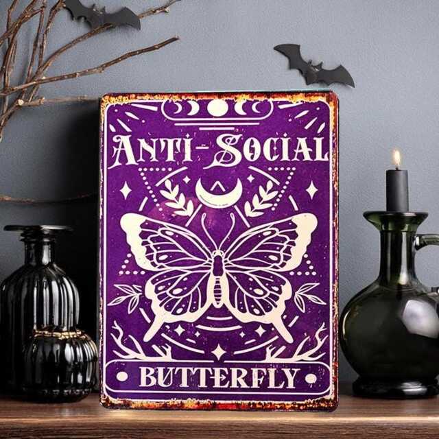 Anti Social Butterfly Metal Sign Gothic Witchy Home Decor - image 1