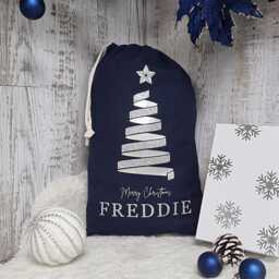 Personalised Santa Sack, Christmas Eve Bag, Tree Navy Decor, Childs Present, Xmas, Stocking - thumbnail 1